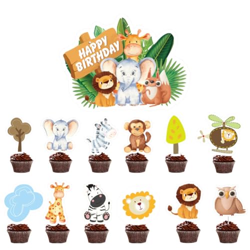 13 Stück Kuchendekorationen Dschungeltiere Cupcake Topper, Tiere Kuchen Topper Waldtiere Kuchen Schild Dekoration Cupcake Picks Forjungle Tiere Giraffe Panda Kaninchen Dinosaurier Löwe Party Dessert von LabDip