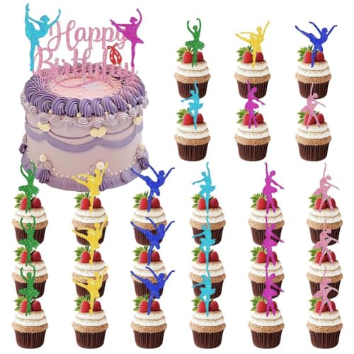 LabDip 25 Stück Ballerina Tortendeko Dekoration Glitter Geburtstag Cupcake Picks Dekor Gymnastik Silhouette Kuchen Dekorationen für Babyparty Hochzeit Musik Themen Party Liefert von LabDip