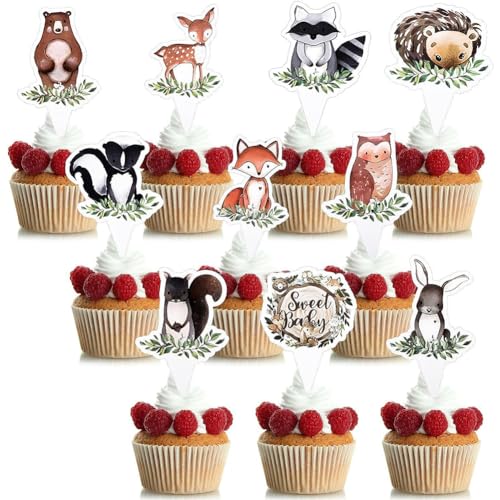 LabDip 60 Stück Woodland Party Toppers Woodland Tier Kindergeburtstag Kuchen Deko Wilde Thema Geburtstag Party Dekoration für Dschungel Safari Tier Thema Party Kuchen Dekoendeko von LabDip