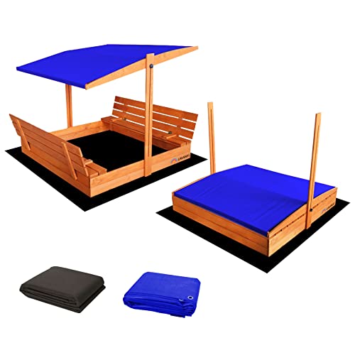 Ladanas® Sandkasten aus Holz mit Dach BLAU & wetterfester Tarpaulin Abdeckung - Sandkiste 140 x 140 cm. mit UV 50 Sonnenschutz & Faltbare Bank - Sandkästen rechteckig überdacht für Kinder von Ladanas