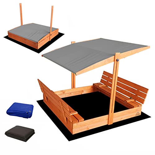 Ladanas® Sandkasten aus Holz mit Dach GRIS & wetterfester Tarpaulin Abdeckung - Sandkiste 140 x 140 cm. mit UV 50 Sonnenschutz & Faltbare Bank - Sandkästen rechteckig überdacht für Kinder von Ladanas