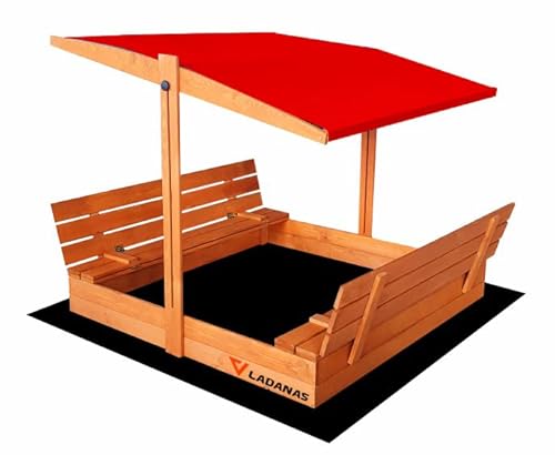 Ladanas® Sandkasten aus Holz mit Dach ROT & wetterfester Tarpaulin Abdeckung - Sandkiste 140 x 140 cm. mit UV 50 Sonnenschutz & Faltbare Bank - Sandkästen rechteckig überdacht für Kinder von Ladanas