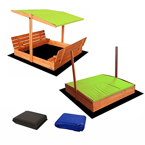 Ladanas® Sandkasten aus Holz mit Dach VERT & wetterfester Tarpaulin Abdeckung - Sandkiste 140 x 140 cm. mit UV 50 Sonnenschutz & Faltbare Bank - Sandkästen rechteckig überdacht für Kinder von Ladanas