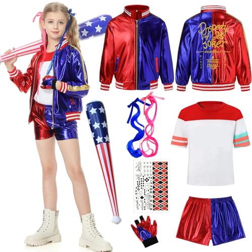 Ladhow Harly Quin Kostüm für Damen Maedchen, Suicid Harle Queen Kostuem fur Kinder Erwachsene, Joke Harle Costume mit Handschuhe, Jacke, T-Shirt, Hose, Baseballschläger für Halloween Karneval von Ladhow