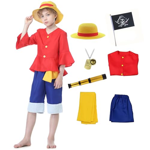 Ladhow Monkey Luffy Kostüm One Anime Kinder 4 Stück Coplay Jungenkleid mit Strohhut (Kid-110, Rot) von Ladhow