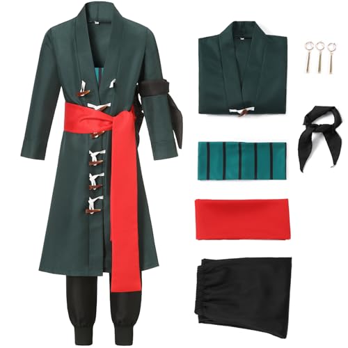 Ladhow Roronoa Cosplay Anime Kimono Kleid Zoro Kostüm Zoro Robe Cloak Earring Outfit for Halloween (Adult-L) von Ladhow