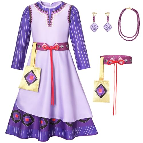 Ladhow Wish Asha Kostüm Mädchen Asha Kleid, Wish Asha Dress Up Set mit Ohrringen Halskette Tasche, Prinzessin Asha Cosplay Kostüm Halloween Karneval Asha Kleid für Kinder (Kid-150, Purple) von Ladhow