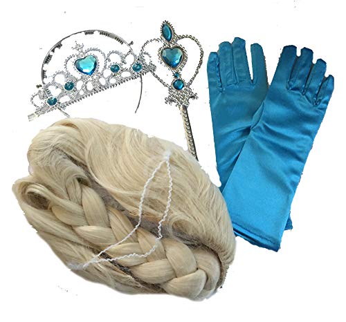 LadyMYP Mädchen Karneval Kostüm-Eiskönigin Elsa Fasching Set mit 4 Teile (Krone, Handschuhe, Zepter, Perücke) von LadyMYP