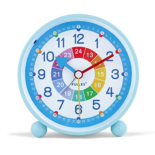 Lafocuse Kinderwecker Blau ohne Ticken, Metall Lernwecker Einfach zu Lesen, Kinderuhr Lautlos mit Nachtlicht, Bunte Analog Quartz Weckuhr für Jungen und Mädchen Kinderzimmer 10.5cm von Lafocuse