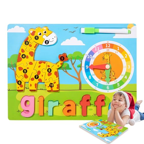 Kleinkind-Tierpuzzle,Kleinkind-Tierpuzzle - Niedliche Giraffen-Delfin-Puzzles für Kleinkinder - Lernaktivitäten, Tierpuzzle mit Lernuhr-Buchstaben-Matching-Spiel für Vorschulkinder von Lainiaoly