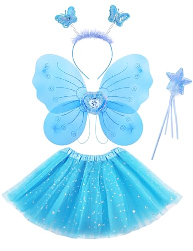 Lainlight 4-teiliges Schmetterlingskostüm-Set für Mädchen und Jungen, Prinzessinnenkostüm mit Flügeln, Tutu-Rock, Zauberstab für Mädchen von 3-8 Jahren, Blau von Lainlight