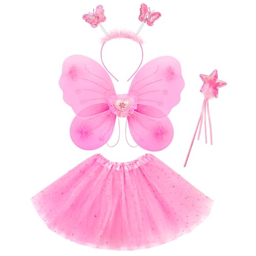 Lainlight Schmetterlings-/Feenkostüm für Mädchen, Prinzessinnen-Cosplay-Kostüm-Set mit Flügeln, Tutu-Rock, Zauberstab für Mädchen von 3–8 Jahren, Rosa, 4 Stück von Lainlight