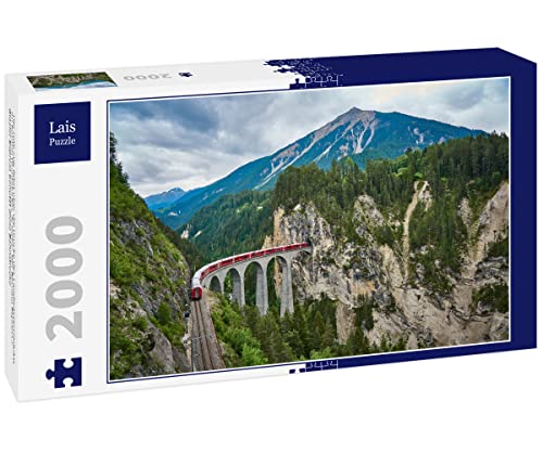 Lais Puzzle Der rote Zug fährt über die Brücke des Landwasserviadukts im Kanton Graubünden, Schweiz. Der Bernina Express/Glacier Express benutzt Diese Bahnstrecke 2000 Teile von Lais Puzzle