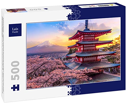 Lais Puzzle Fujiyoshida, Japan Schöne Aussicht auf den Mount Fuji und die Chureito-Pagode bei Sonnenuntergang, Japan im Frühling mit Kirschblüten 500 Teile von Lais Puzzle