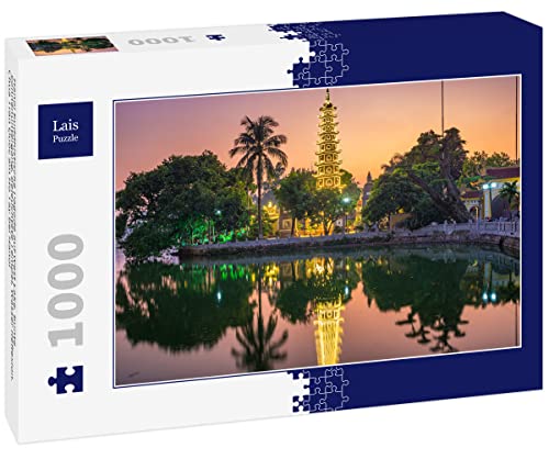 Lais Puzzle Hanoi buddhistische Pagode auf West Lake, Bunte Sonnenuntergang, beleuchtete Tempel, Wasser Reflexion. Chua Tran QUOC am Ho Tay bei Hanoi 1000 Teile von Lais Puzzle