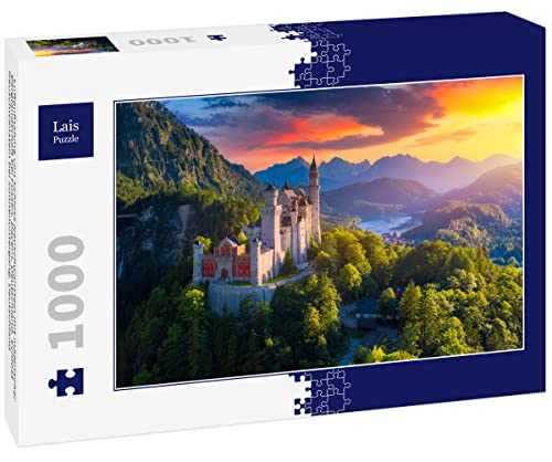 Lais Puzzle Luftaufnahme von Schloss Neuschwanstein mit malerischer Berglandschaft bei Füssen, Bayern, Deutschland. Schloss Neuschwanstein bei Sonnenuntergang, Deutschland 1000 Teile von Lais Puzzle