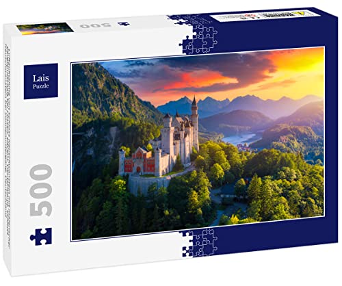 Lais Puzzle Luftaufnahme von Schloss Neuschwanstein mit malerischer Berglandschaft bei Füssen, Bayern, Deutschland. Schloss Neuschwanstein bei Sonnenuntergang, Deutschland 500 Teile von Lais Puzzle