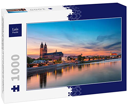 Lais Puzzle Magdeburg, Deutschland. Panorama-Stadtlandschaftsbild von Magdeburg, Deutschland, mit Spiegelung der Stadt in der Elbe bei Sonnenuntergang 1000 Teile von Lais Puzzle