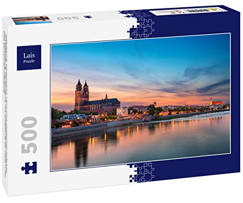 Lais Puzzle Magdeburg, Deutschland. Panorama-Stadtlandschaftsbild von Magdeburg, Deutschland, mit Spiegelung der Stadt in der Elbe bei Sonnenuntergang 500 Teile von Lais Puzzle