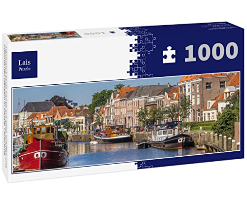 Lais Puzzle Panorama eines Kanals mit Alten Schiffen und historischen Häusern in Zwolle, Panorama 1000 Teile Panorama von Lais Puzzle