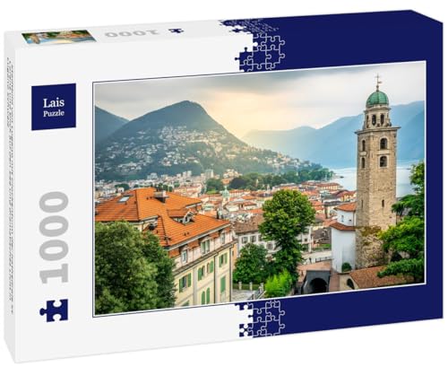 Lais Puzzle Stadtbild von Lugano mit Glockenturm der Kathedrale St. Lorenz und Blick auf den See und dramatisches Licht in Lugano Schweiz 1000 Teile von Lais Puzzle