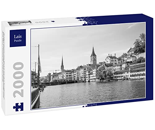 Lais Puzzle Stadtzentrum von Zürich mit den berühmten Kirchen Fraumünster und Grossmünster und dem Fluss Limmat in schwarz weiß 2000 Teile von Lais Puzzle