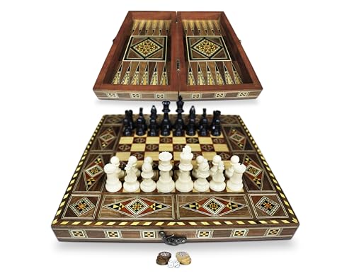 Neu 30 x 30 cm Holz Backgammon Tavla/Schachspiel/DAMA,Tavla,Original Intarsien Kunsthandwerk Handmade,Brett BK 301F mit 30 Holz Backgammon Steine und inkl. Plastic Schach Figuren von Laith