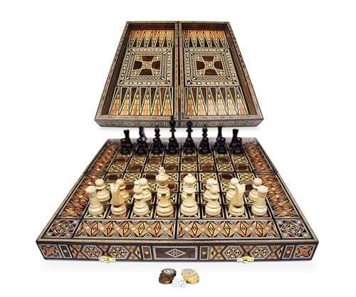 Neu 50 x 50 cm Holz Backgammon Tavla/Schachspiel/DAMA,Tavla,Original Intarsien Kunsthandwerk Handmade,Brett BK 50 mit 30 Holz Backgammon Steine und inkl. 97 mm Holz Schach Figuren von Laith