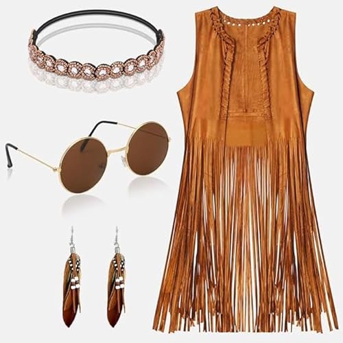 Lalieffacely Hippie Weste Damen, 60er 70er Faschingskostüme Damen Bohemian Fransenweste Damen Hippie mit Sonnenbrille Ohrringe Stirnband Karneval Kostüm Damen für Karneval Fasching Mottoparty von Lalieffacely