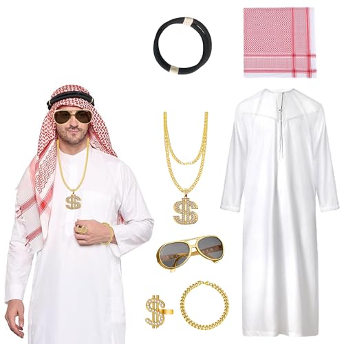 Scheich Kostüm Herren, Faschingskostüme Männer, Araber Kostüm, Karneval Kostüm Herren Arabische Kleidung mit Kopftuch, Gewand, Finger Ring, Halsketten, Sonnenbrillen für Karneval, Cosplay (L) von Lalieffacely