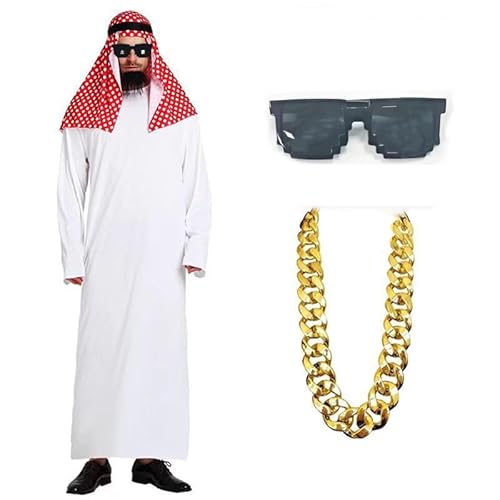 Scheich Kostüm Herren, Faschingskostüme Männer, Araber Kostüm, Karneval Kostüm Herren Arabische Kleidung mit Kopftuch, Gewand, Finger Ring, Halsketten, Sonnenbrillen für Karneval, Cosplay (L) von Lalieffacely