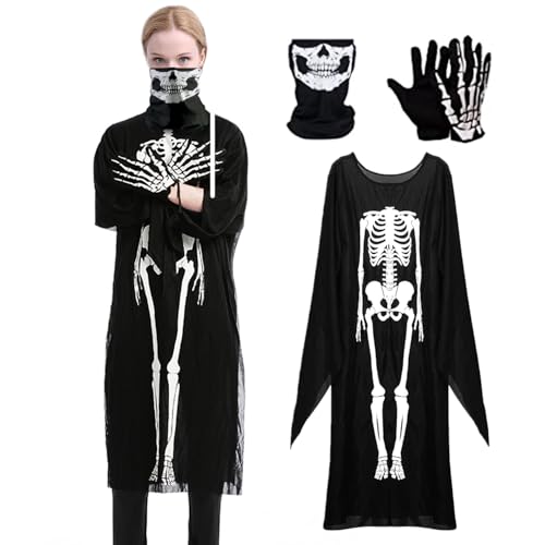 Lalieffacely Halloween Kostüm Damen, Skelett Kostüm für Herren Damen Erwachsene, Skeleton Costume mit Totenkopf Maske und Skelett Handschuhe für Halloween Cosplay Karneval Horror Outfit von Lalieffacely