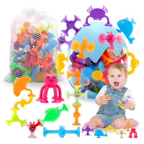 Badewannenspielzeug Baby 42 Stück Saugnapf Spielzeug Kinder, Montessori Spielzeug ab 1 2 3 Jahr Silikon Badespielzeug Baby mit Eierschale & Beutel, Reise Spielzeug Sensorik Spielzeug ab 4-8 Jahre von LamBoio