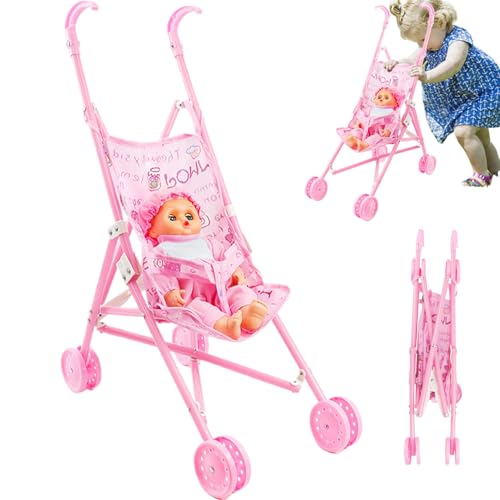 Baby mit Kinderwagen Set Faltbare tragbare Puppenwagen mit Puppe, niedliche Möglichkeitenbabypuppe mit großen Augen und tragbaren Kleidung, Puppenwagen für Kleinkinder Mädchen von Lamppdcor