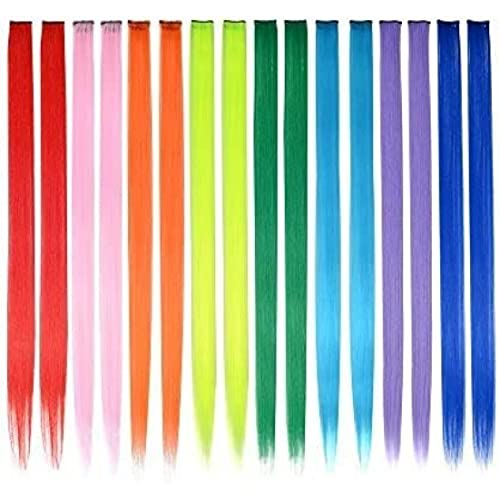 Lamppdcor Buntes Clip in Haarverlängerung, Regenbogenhaarstück für Mädchen Prinzessin Party Highlight farbig gerade Haarextensionen Clip in Kostümen Haarstück für Mädchen, 20 Zoll 16 PCs 8 Farben von Lamppdcor