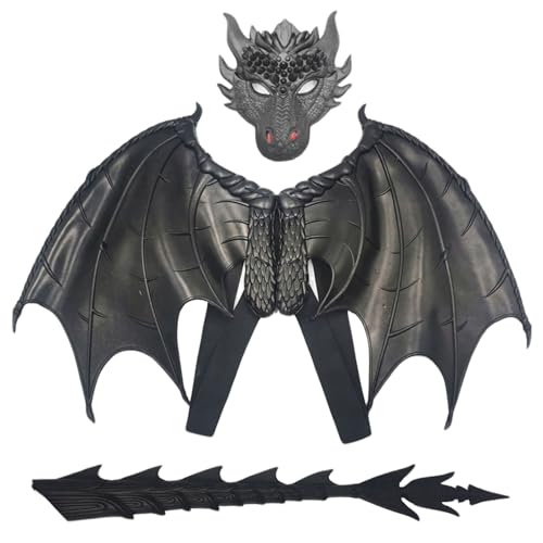 Dragon Kostüm Kids Kids Dragon Kostüm für Kinder Evil Dragon Mask Wings Tail Set Pu Foam Faltbare Halloween-Kostüme Einer Größe Halloween Dragon Cosplay Set für Jungen Mädchen 6-14 Jahre, Schwarz von Lamppdcor