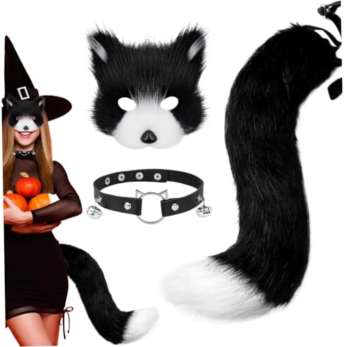 Fox Ears, 3pcs/Set Fox -Maske und Heckset Pelry Fox -Kostüm enthält eine flauschige Fuchsmaske, Pfotenhandschuhe ＆ Choker Collar Therian Stuff Halloween Kostüm für Kostüm für Kostüme Party Cosplay von Lamppdcor