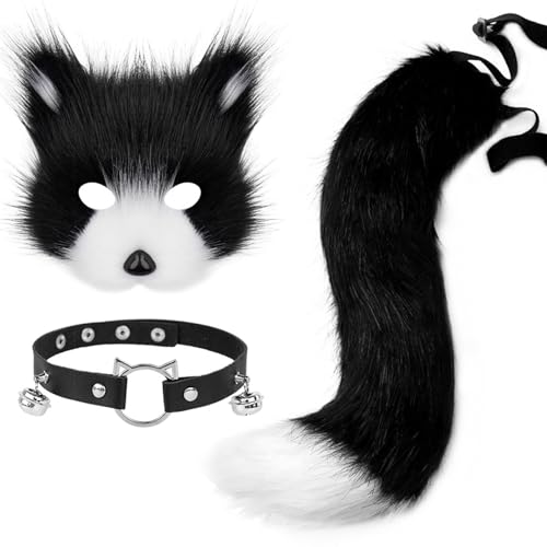 Fox Ohrs und Schwanz 3pcs/Set Fox -Maske und Heckset Pelry Fox Kostüm enthält eine flauschige Fuchsmaske, Pfotenhandschuhe ＆ Choker Collar Therian Stuff Halloween Kostüm für Kostüme Party Cosplay von Lamppdcor