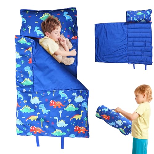 Kleinkind-Nickerchen-Matte, Kleinkind-Nickerchen-Matte mit Kissen und Decken Anti-Kick-Thermal-Schlafmatte mit Griff 47x20 tragbarer Roll-up-Kinderschlaf-Bag-Nickerchen für Kindertagesstamme, Dinosau von Lamppdcor