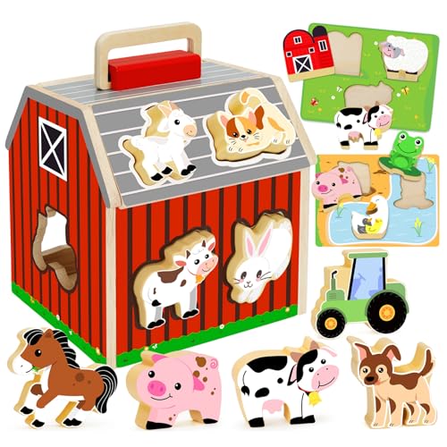 Lamppdcor 1Set Farm Toys für Kleinkinder 1-3 Holzform-Sorter-Scheunen für Kleinkinder 1-3 mit Flip-up-Dach und Handlungsfarm-Spielzeuggeschenk für Kleinkinder und Kinder von Lamppdcor