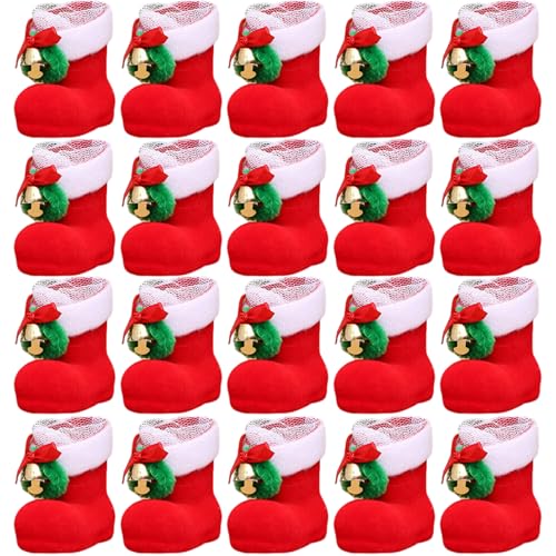 Lamppdcor 20pcs Weihnachtsgeschenkbeutel 2.4x2.4x1.6 niedliche Mini -Santa -Stiefel mit Glocken, die Wiederverwendbare Weihnachtslecktaschen mit Kordelmes für Kinder Urlaubswickeln hängen von Lamppdcor