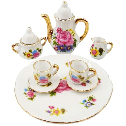 Lamppdcor 8pcs Mini Tea Set, 1:12 Puppenhaus Miniaturen Tee Set, Elegantes Rosen -Tee -Tassen Set mit Goldener Trimmpuppenhaus Küchenzubehör für die Dekoration, so tun, als würde Man Spielen von Lamppdcor