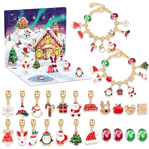 Lamppdcor Adventskalender 2024 24PCS/Set Weihnachtskalender 2024 DIY -Schmuckkinder -Adventskalender mit 2 verstellbaren Armbändern, 14 Themenanhänger und 8 Perlen für Weihnachtsfeierlichkeiten von Lamppdcor