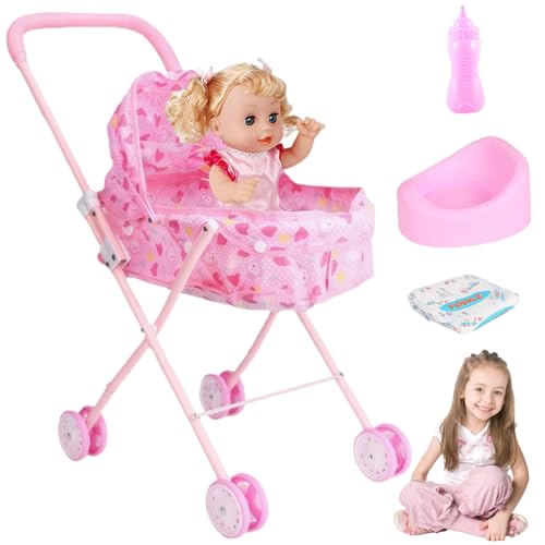 Lamppdcor Babypuppen Kinderwagen Klappbarer Puppenwagen mit niedlichen Gesangsbabypuppen und Babypuppenzubehör tragbare Simulation Babypuppenwagen für Kinder vor, um Geschenke zu Spielen von Lamppdcor