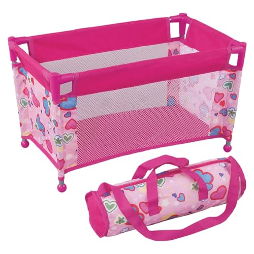 Lamppdcor Babypuppenbett Babypuppenkrippe für 18 '' Puppen, faltbares Babypuppenbett, herzgestaltete Babypuppen -Spielstall, Babypuppenpack und Spiel mit Carry Bag für Kinder 3+ Geschenke von Lamppdcor