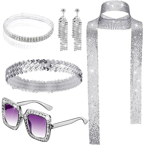 Lamppdcor Disco -Outfit 70s Outfits für Frauen, 5PCS -Pailletten Disco Kostüm Frauen, Plastik -Disco -Outfit umfasst Sonnenbranband und Stirnband für Halloween -Geburtstagstanzparty Schalohrringe von Lamppdcor