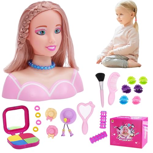 Lamppdcor Doll Head für Friseurstyling 35pcs/Set Simuliertes Styling -Kopfpuppe für Kinder imaginativ und Make -up Lernen tun, um Spielzeug für Mädchen zu Spielen, Geschenke für Mädchen, Set 3 von Lamppdcor