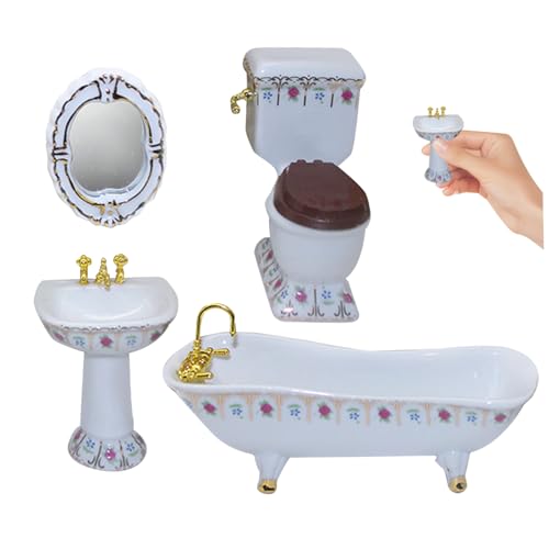 Lamppdcor Dollhouse Badezimmer Set inklusive Toilettenbadewanne Becken Spiegel 1:12 Dolls House Möbelspielzeug mit Blumenmuster für Puppenhauszubehör, Dollhouse Toilette von Lamppdcor