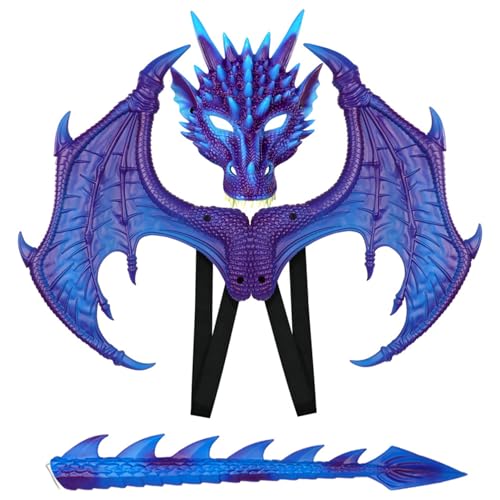 Lamppdcor Drachenmaske, Drachenkostüm für Kinder Halloween Dragon Kostüm mit Dragon Maske, Dragon Tail & Dragon Flügel Gummi Dragon Cosplay für Party Masquerade (Blue Violet) von Lamppdcor