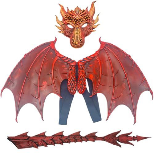 Lamppdcor Dragon Kostüm Kids Dragon Kostüm für Kinder Evil Dragon Mask Wings Tail Set Pu Foam Faltbare Halloween-Kostüme Einer Größe Halloween Dragon Cosplay Set für Jungen Mädchen 6-14 Jahre, rot von Lamppdcor